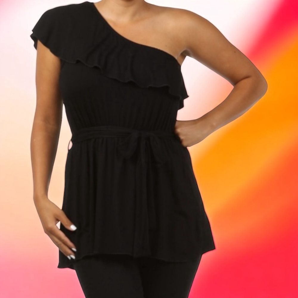 Poliana Plus Ruffle One Shoulder Tie Waist Knit Tunic Women’s XL Black